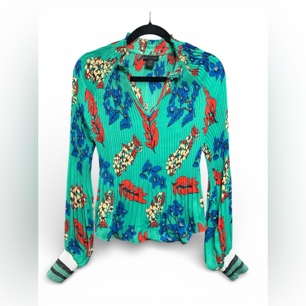Belle Vere Floral Ribbed‎ Blouse Green Blue Red V-Neck Long Sleeve S/M